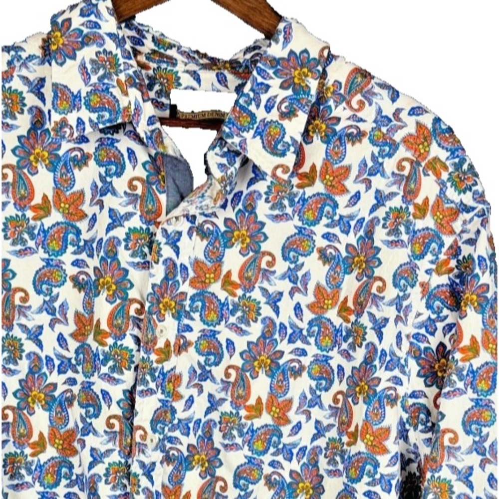 Cremieux Premium Denim Shirt Mens 2XT Paisley White Blue Button Up Short Sleeve